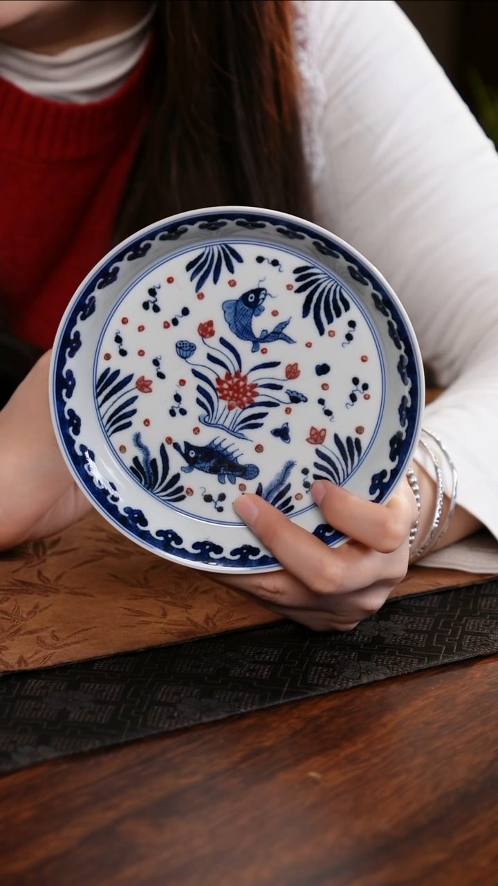 【闪购商品】杯子青花釉里红鱼藻壶承