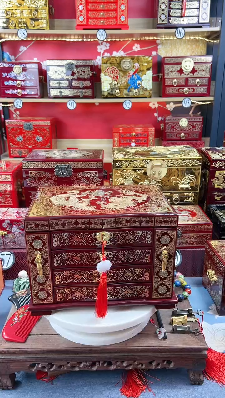 【闪购商品】28厘米新款多层挂钩侧开掐丝螺钿酒红龙凤