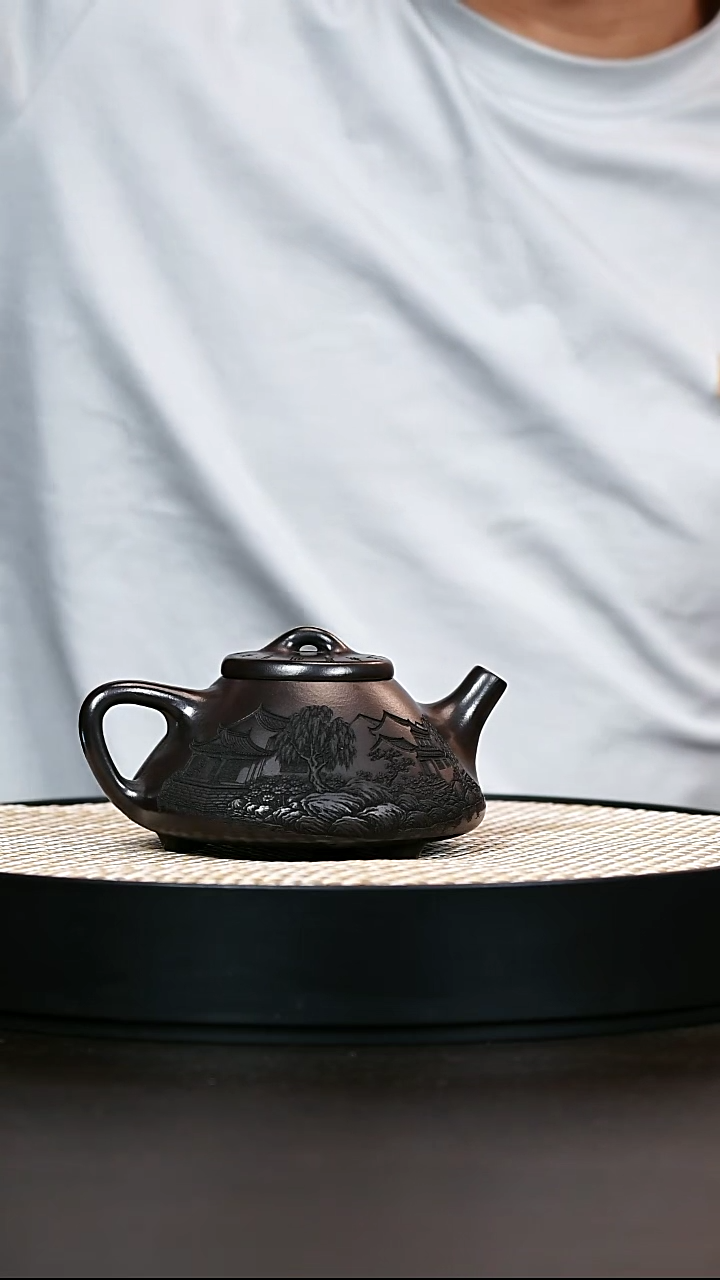茶壶紫砂石黄山水刻绘子冶石瓢