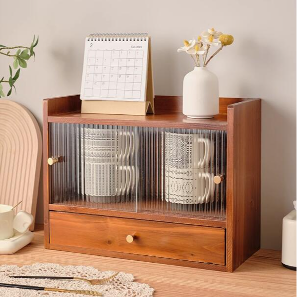 杯子客厅茶具收纳盒桌面实木收纳柜推拉门日系杂物整理盒玻璃门