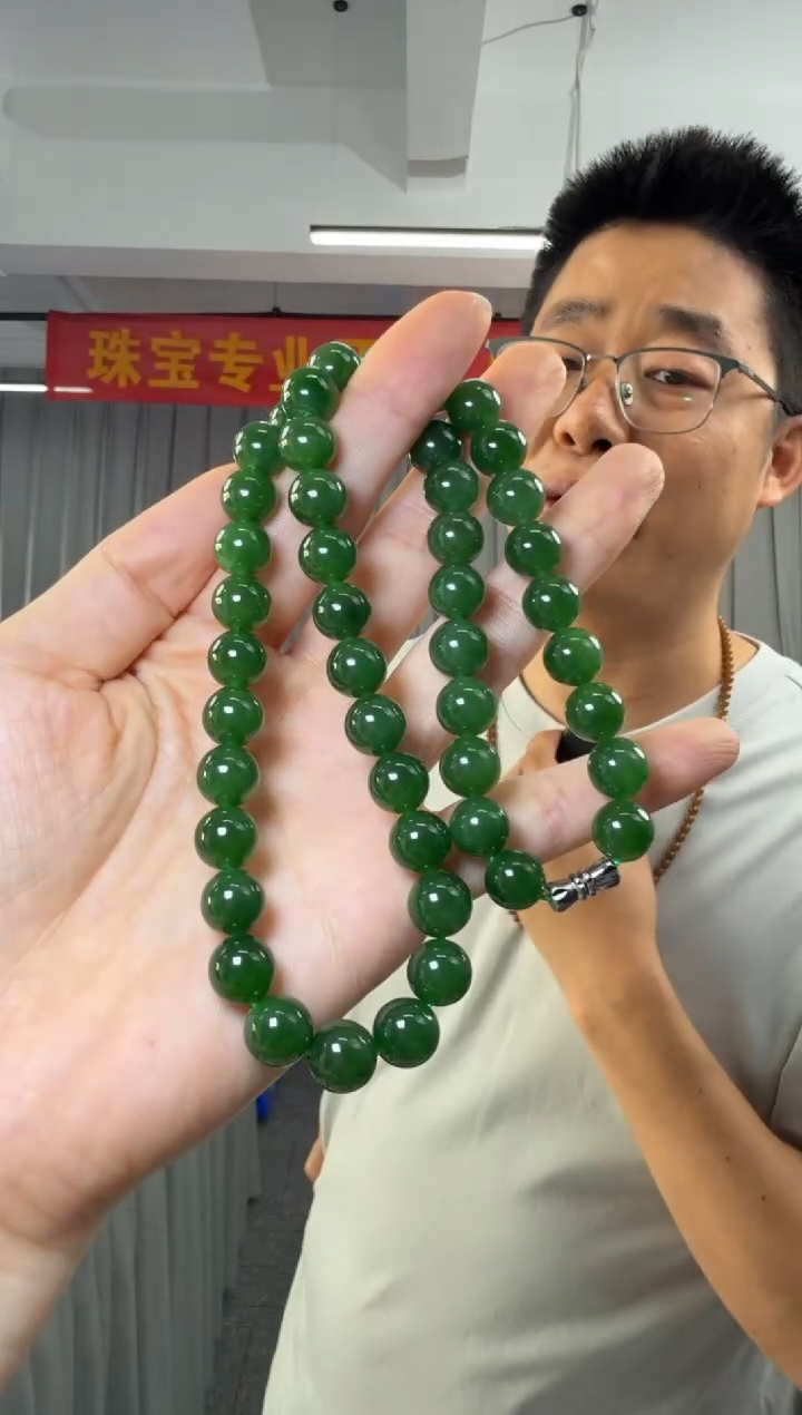 和田玉未镶嵌项链碧玉圆珠项链约9-10mm