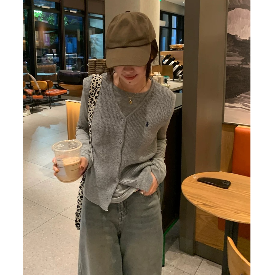 韩系V领小马刺绣针织马甲宽松百搭气质背心女 628