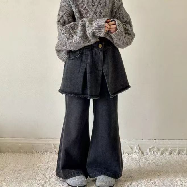 女童冬季加绒牛仔裤洋气屁帘保暖女宝宝一体绒休闲牛仔喇叭裤