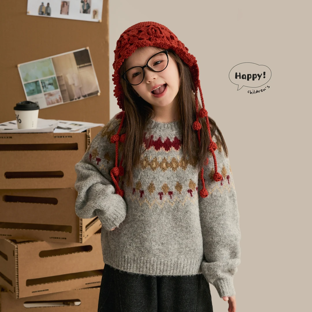 【费尔岛】2025新款女童毛衣秋冬圣诞加厚撞色休闲风亲子装针织上衣