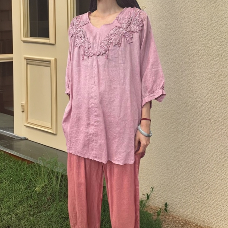 珈瑶原创《蝶舞》定制款亚麻重工刺绣V领衫016款