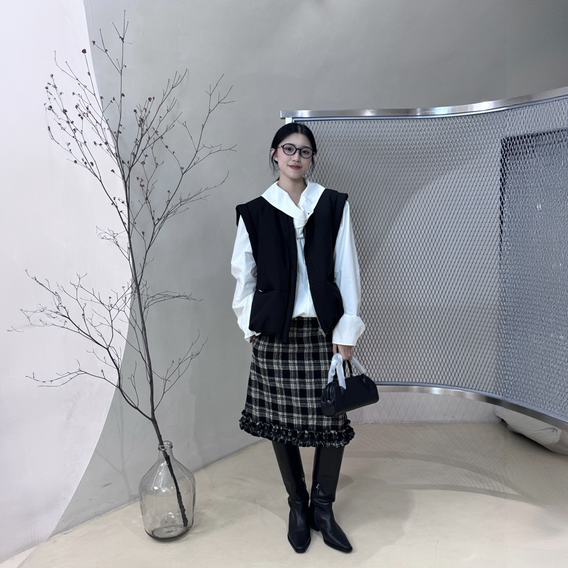VIINS 秋冬日系复古羊毛毛呢格纹花边半裙93002
