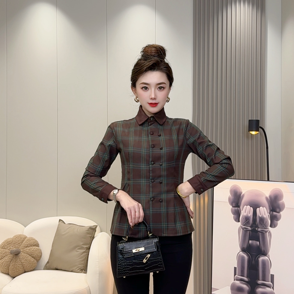 【DT加绒款】长袖格子翻领拼接成人衬衫女士修身显瘦休闲时尚X6059