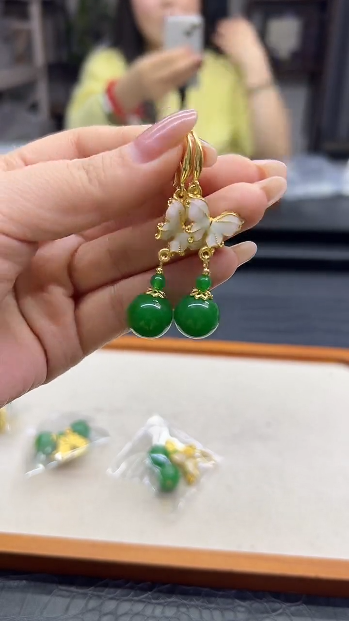 14K金镶嵌翡翠耳饰DIY款E988