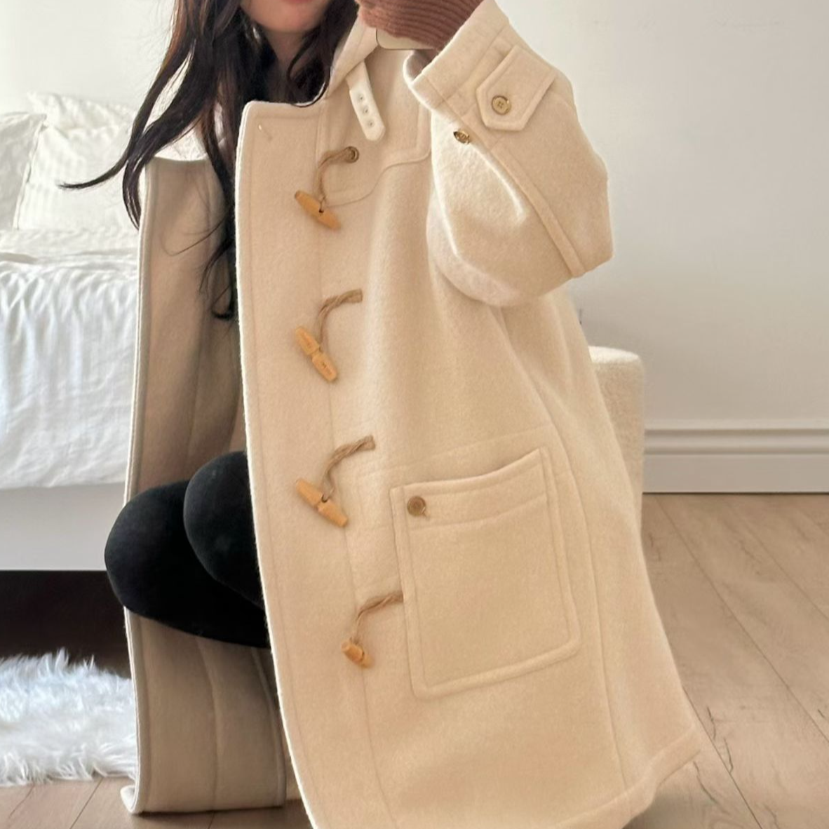 【小晴】东大门Eru家冬季新款减龄连帽牛角扣宽松毛呢大衣