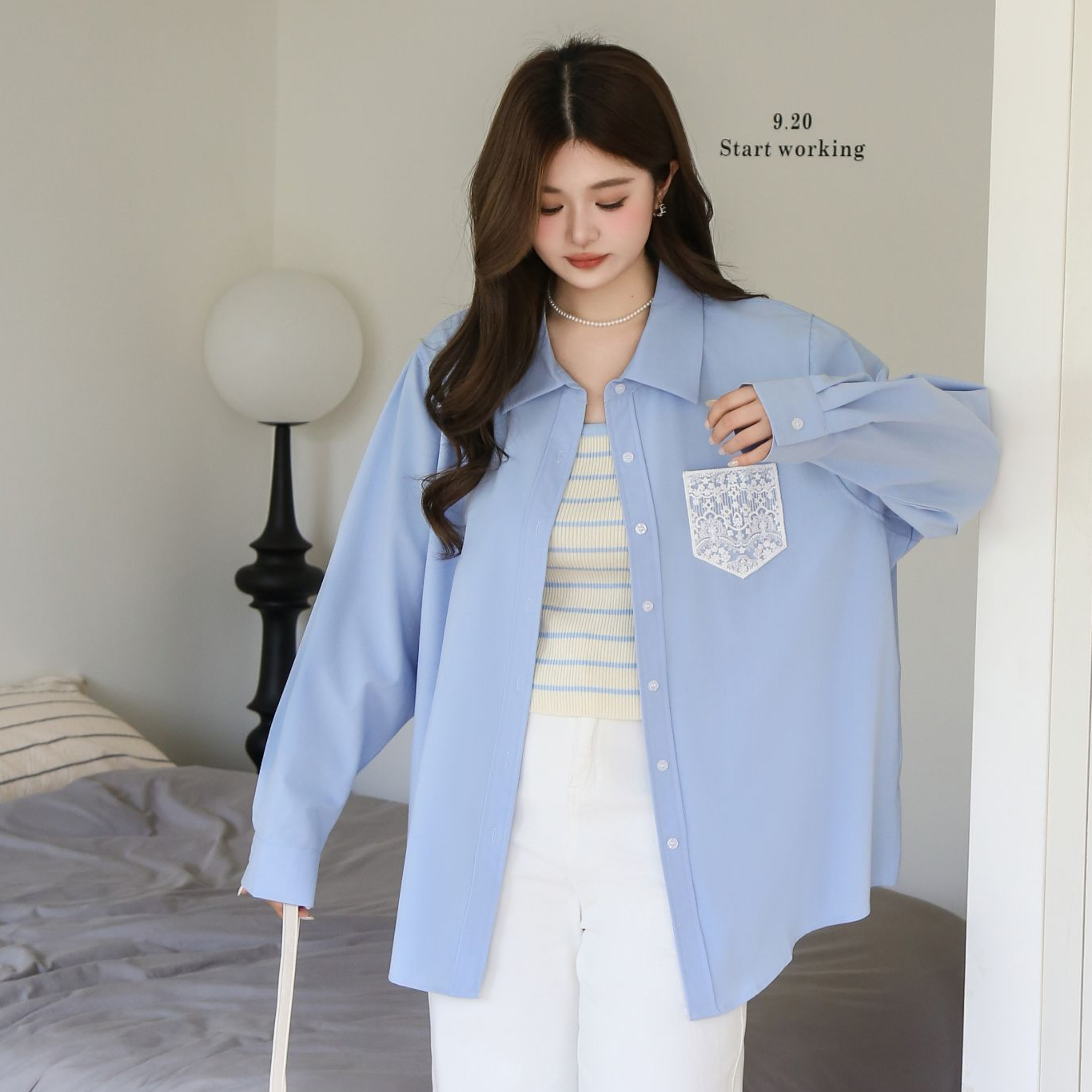 微胖MM设计感长袖蕾丝口袋简约纯色衬衣 5553