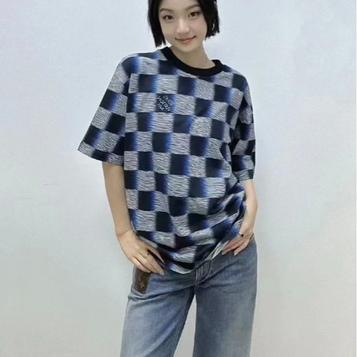 未使用 LouisVuitton/路易威登 圆领格纹logo短袖 蓝白/M