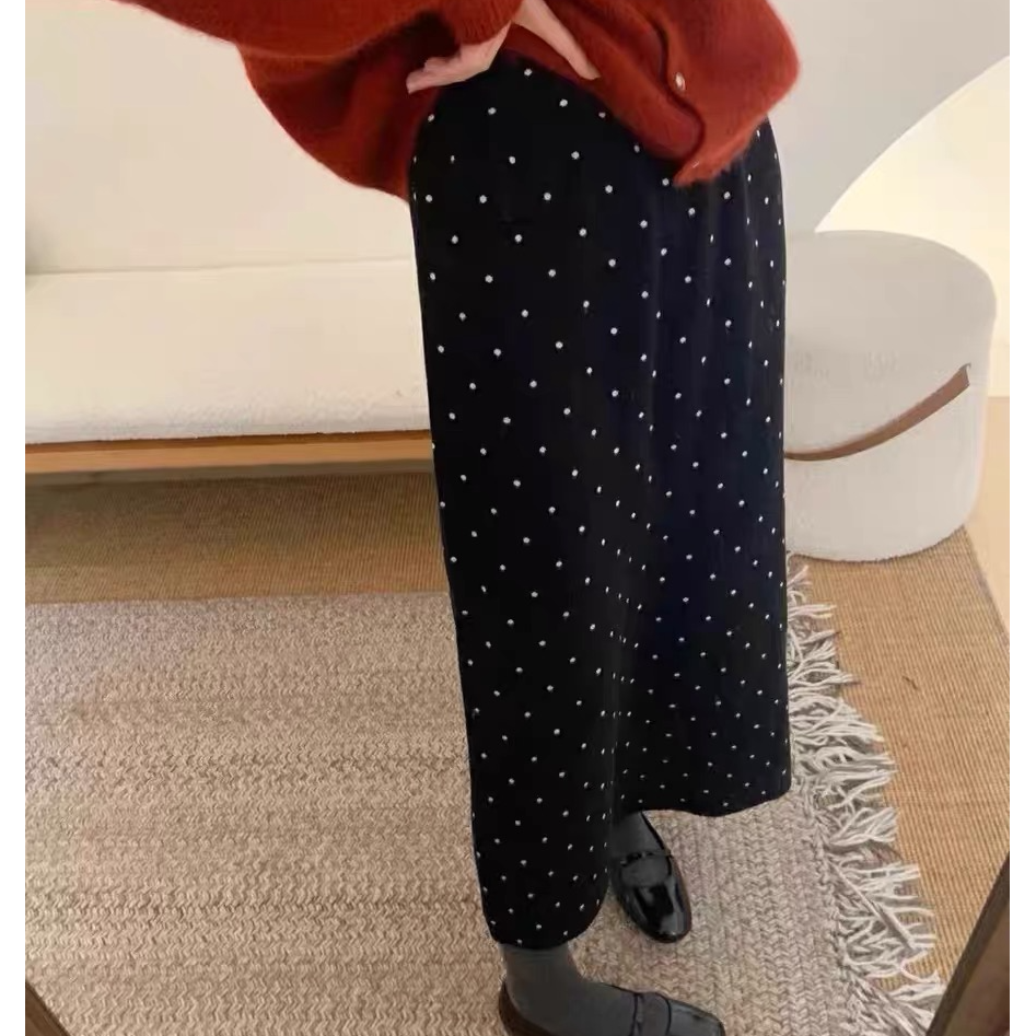 2025秋冬新款毛呢波点半身裙高腰A字直筒小个子中长半裙