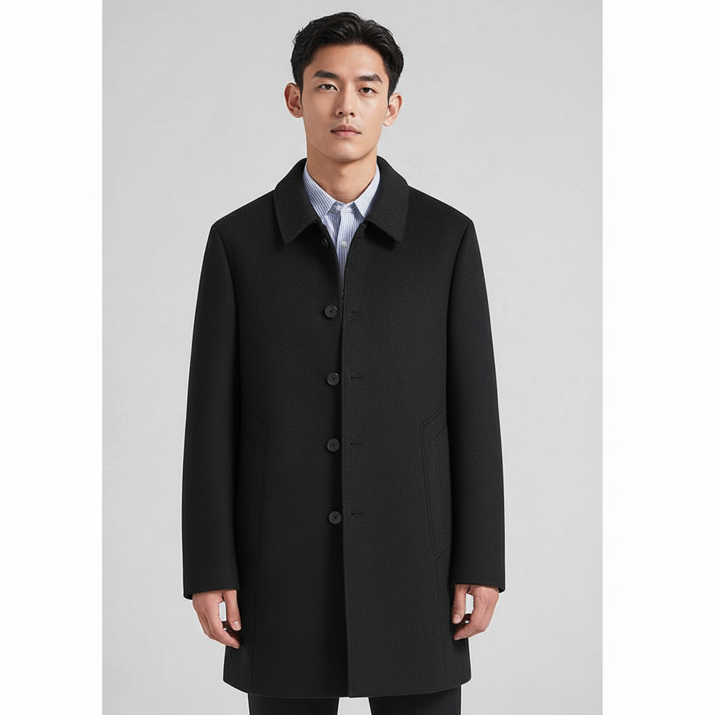 【真羊毛】中长款双面拼接冬季翻领保暖毛呢大衣商务男士