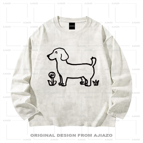 OFF M【开心腊肠狗】纯棉扎染长袖T恤 重磅宽松男女同款休闲上衣