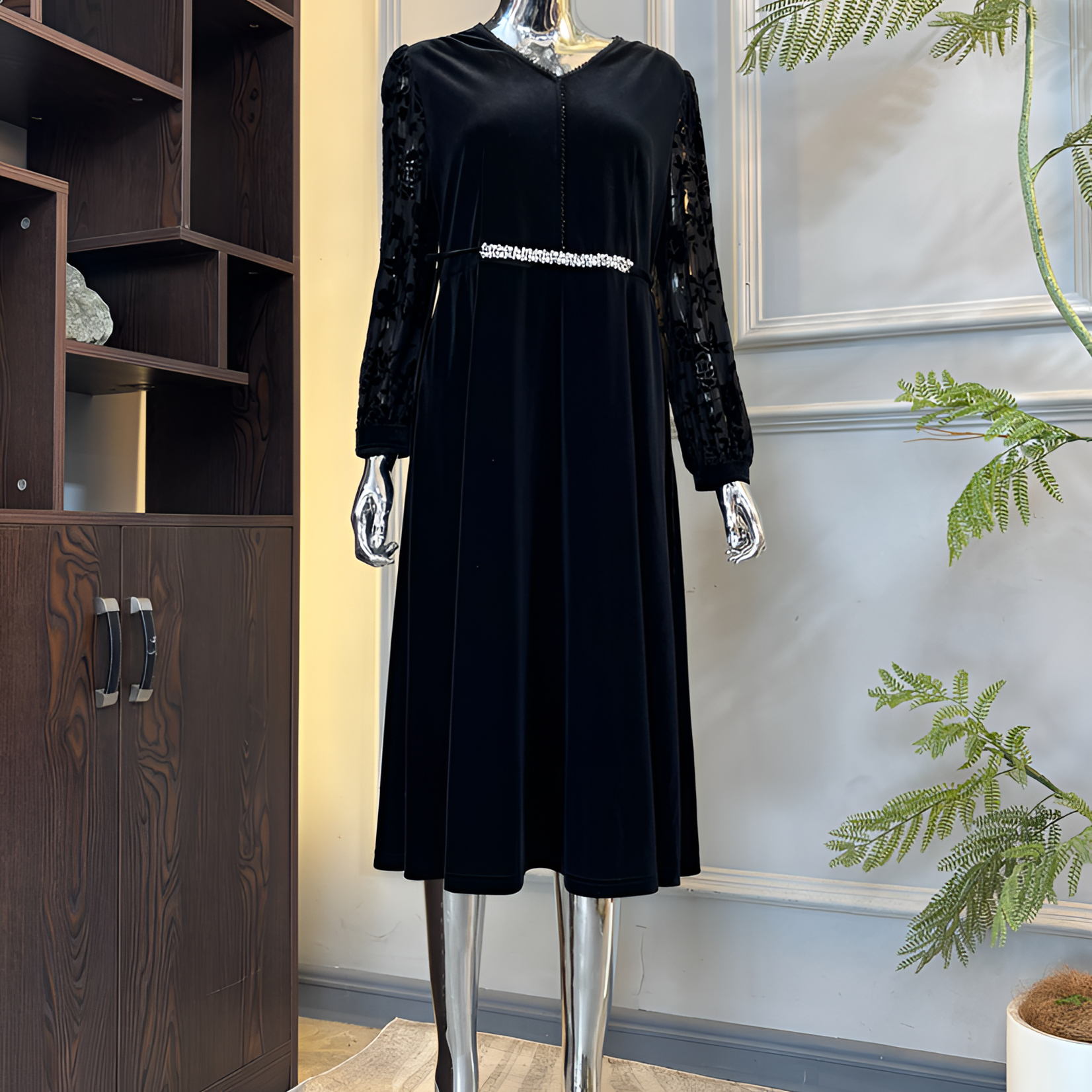 [哈李] A18 烧花丝绒连衣裙