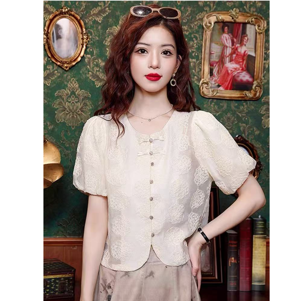 2025夏季新款新中式国风刺绣泡泡袖蕾丝短袖衬衫#2428【衣长52】