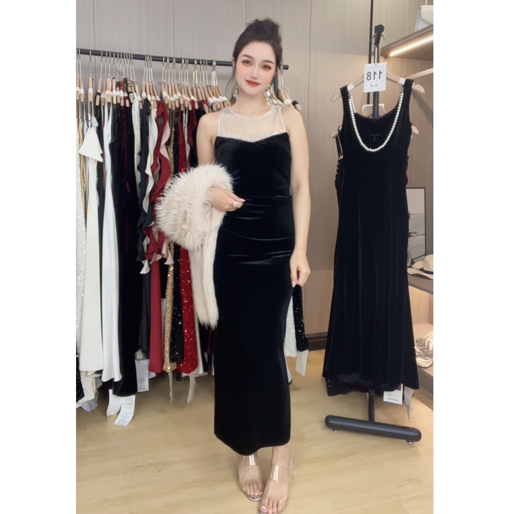 丝绒拼网纱烫钻宴会礼服裙背心款连衣裙打底显瘦高级生日裙子
