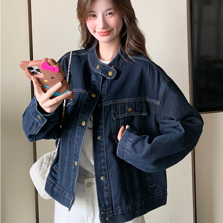 复古设计感立领深色牛仔外套女2025春季新款韩系短款简约夹克上衣