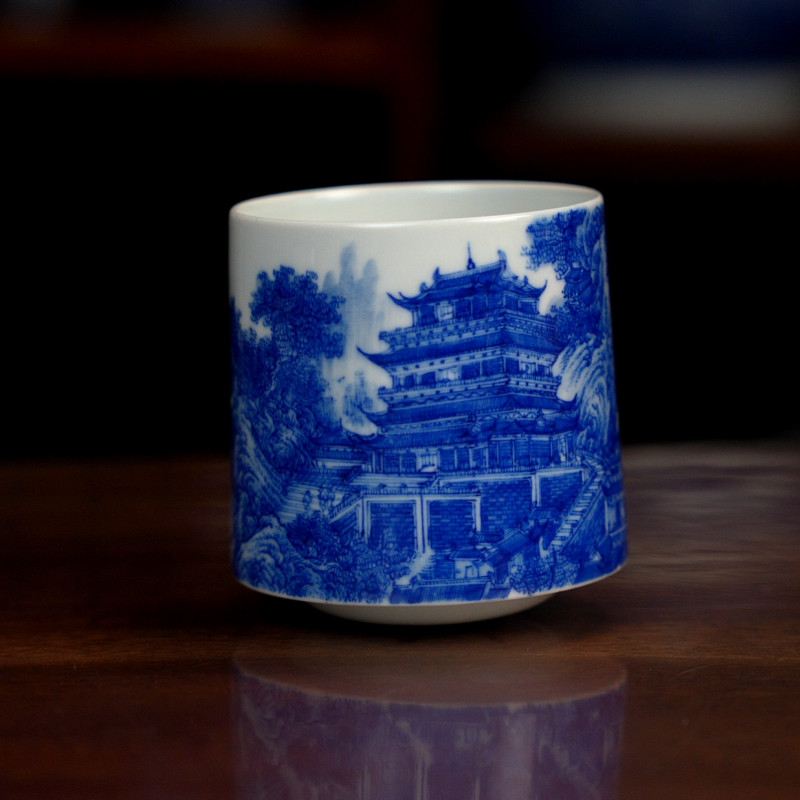 鹳雀楼图不倒翁杯自成堂柴窑青花山水楼阁主人杯陶瓷茶杯子品茗杯