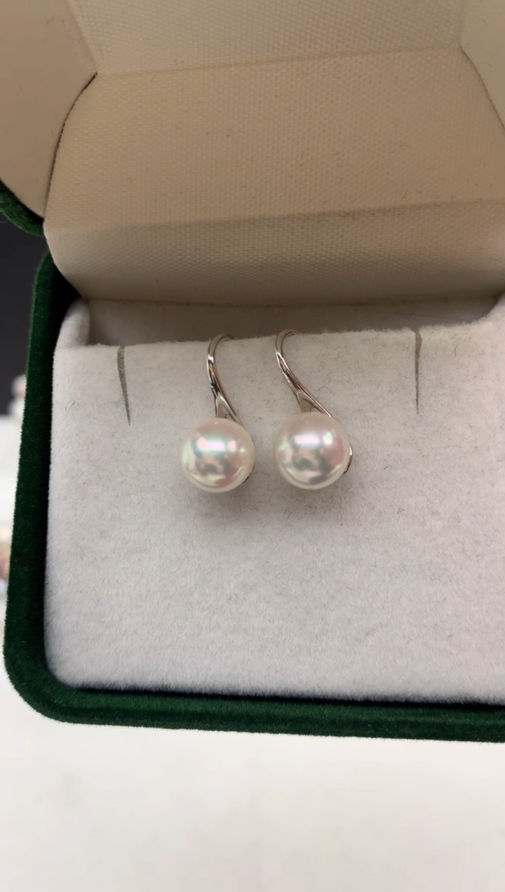 银S925镶嵌aa海水珍珠akoya白珠耳饰8~9mm