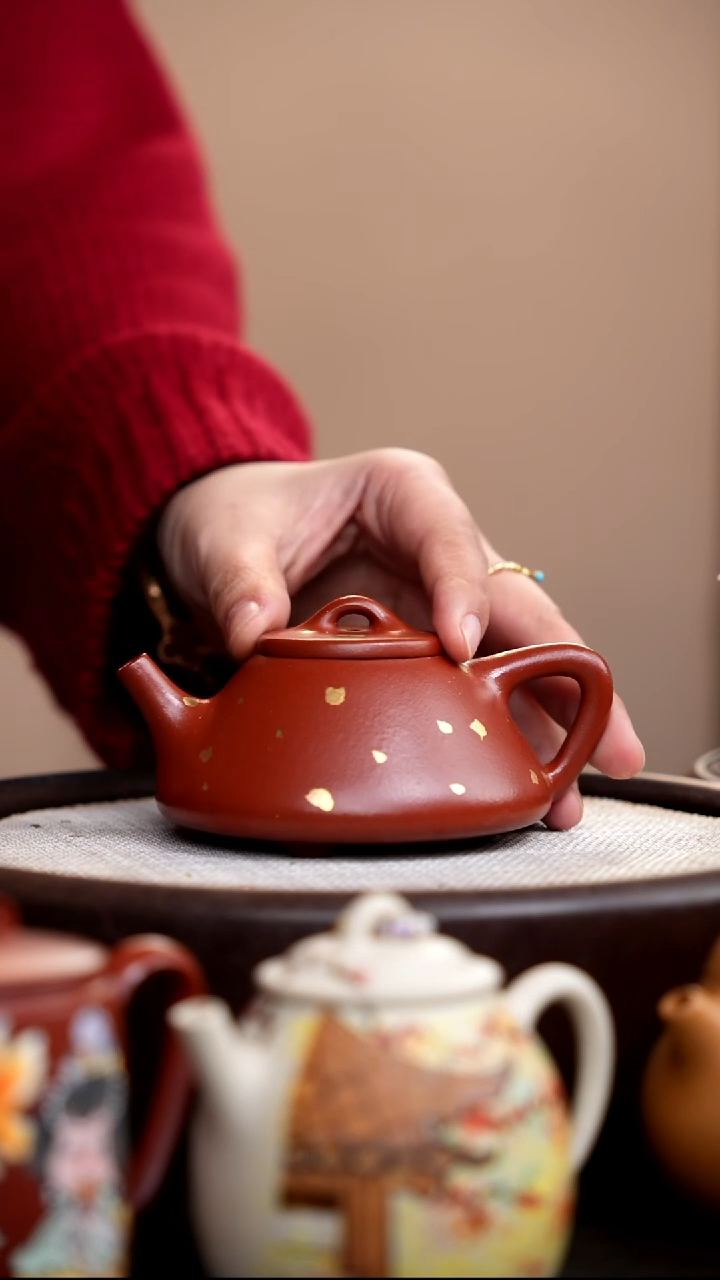 茶壶紫砂朱泥子冶石瓢描金