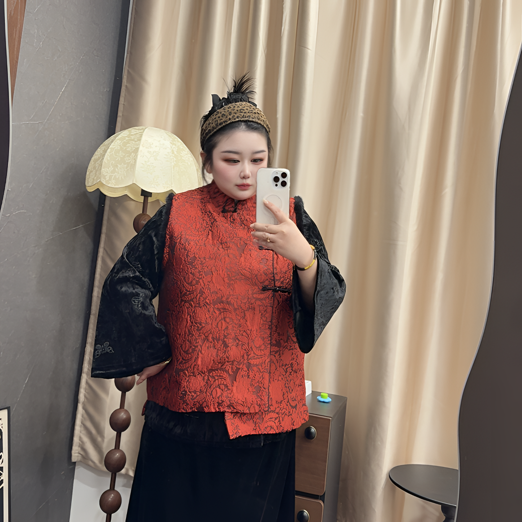 【锦羽】新中式中国风复古水貂毛斜襟偏襟提花国风马甲