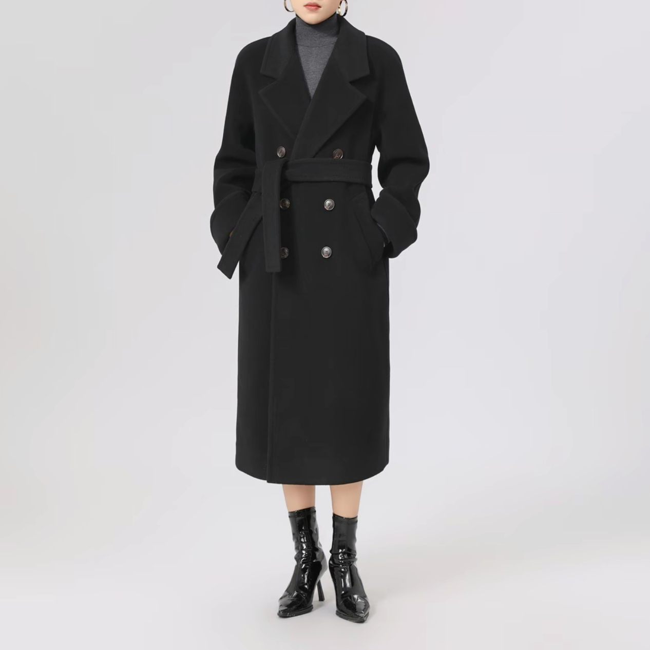 AMASS/阿玛施绑带造型毛呢大衣老钱风中长款秋冬毛呢外套5400861