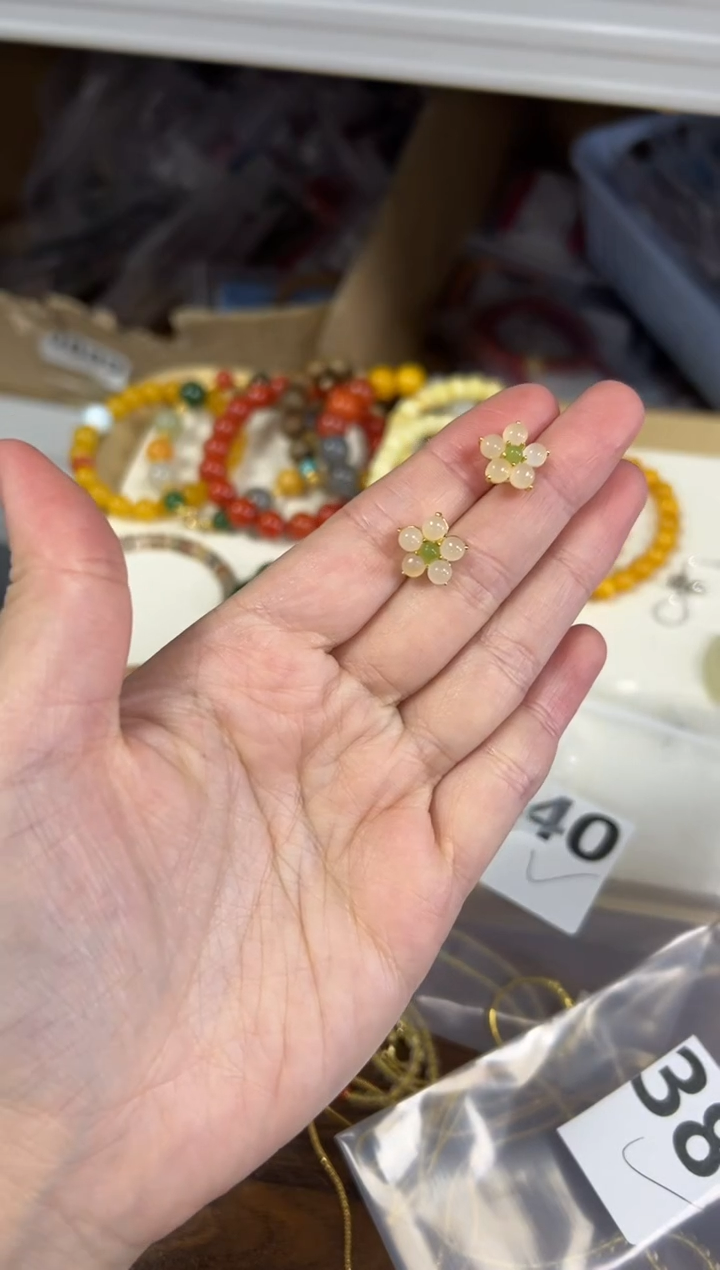 银S925镶嵌和田玉耳饰和田玉冰藕粉花朵银耳钉[38]