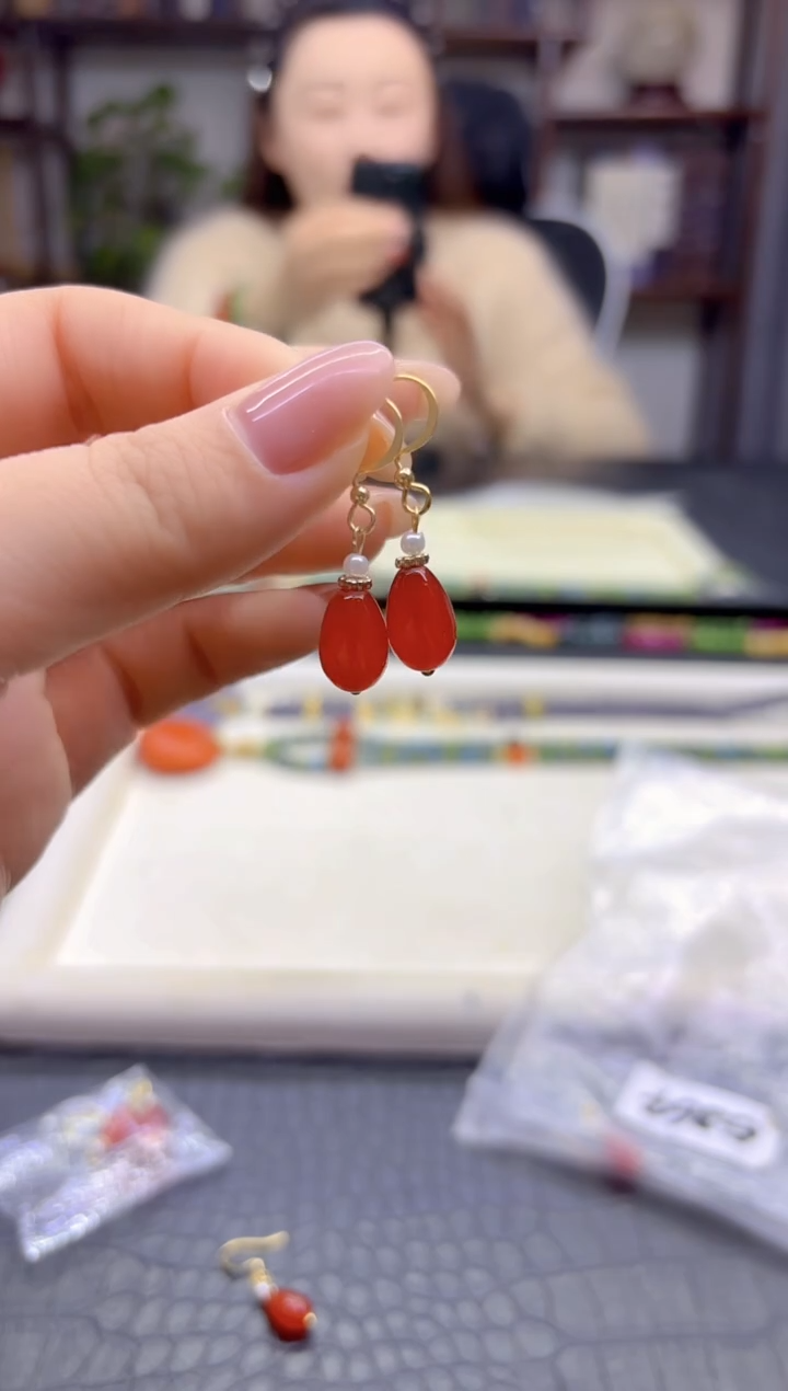 14K金镶嵌南红玛瑙耳饰DIY款E864