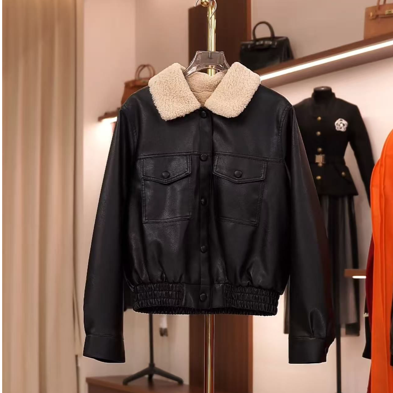 kk090秋冬加绒加厚外套皮衣女显瘦气质上衣
