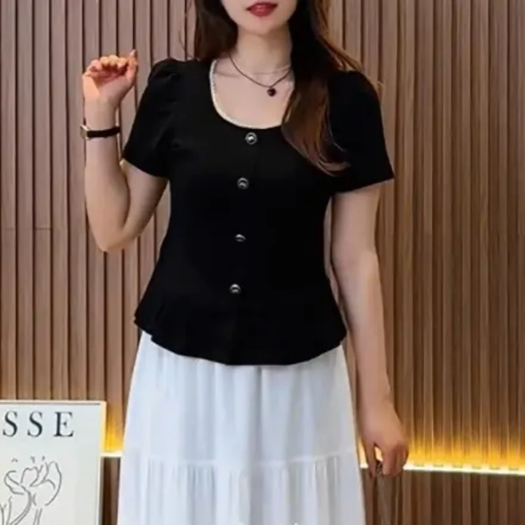 A简约大码宽松微胖mm休闲百搭纯色显瘦遮肚上衣女2025夏装新款T恤