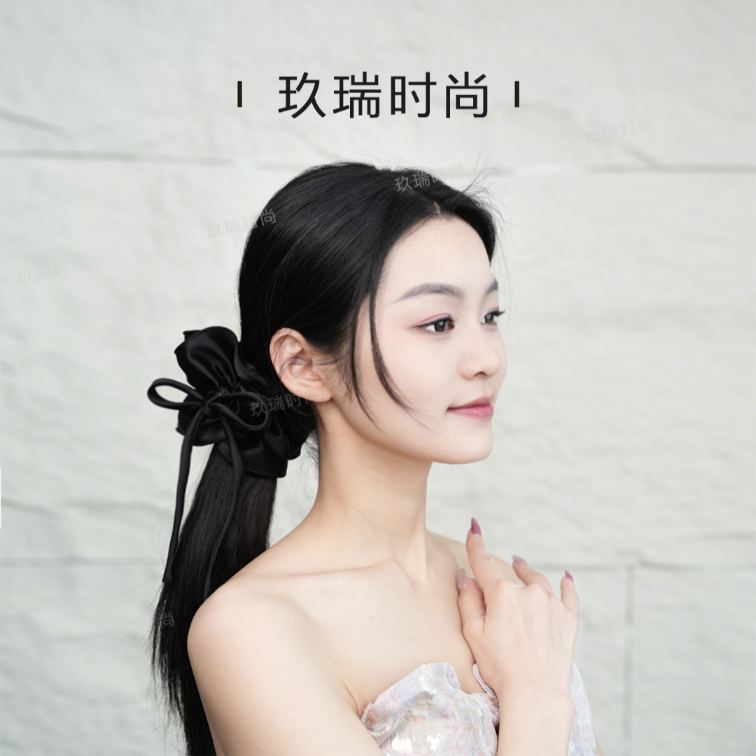 玖瑞黑色法式飘带发圈女高级感高马尾扎头发猪大肠发绳