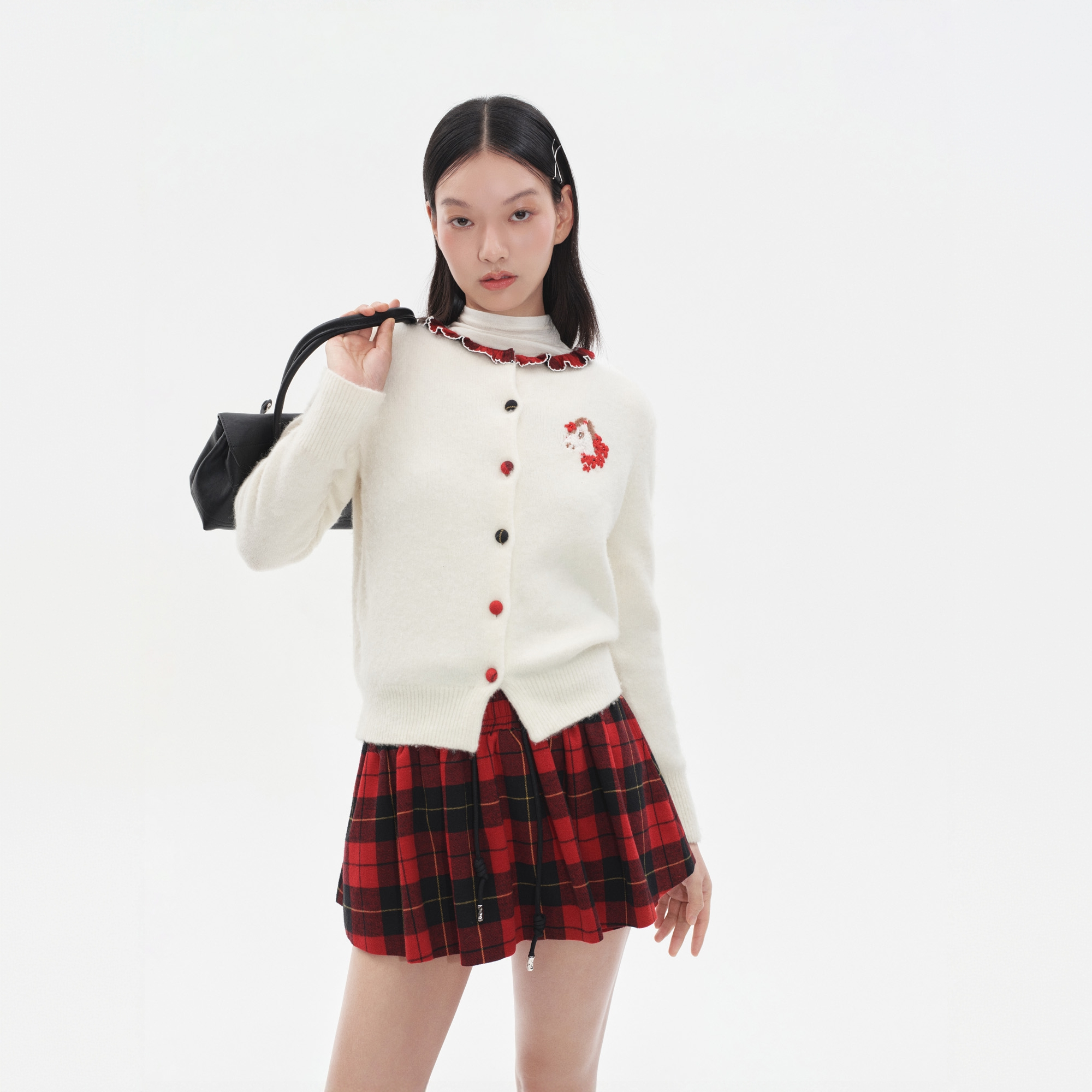 HERLIAN 25秋冬新款碎褶荷叶边领口小马提花针织衫