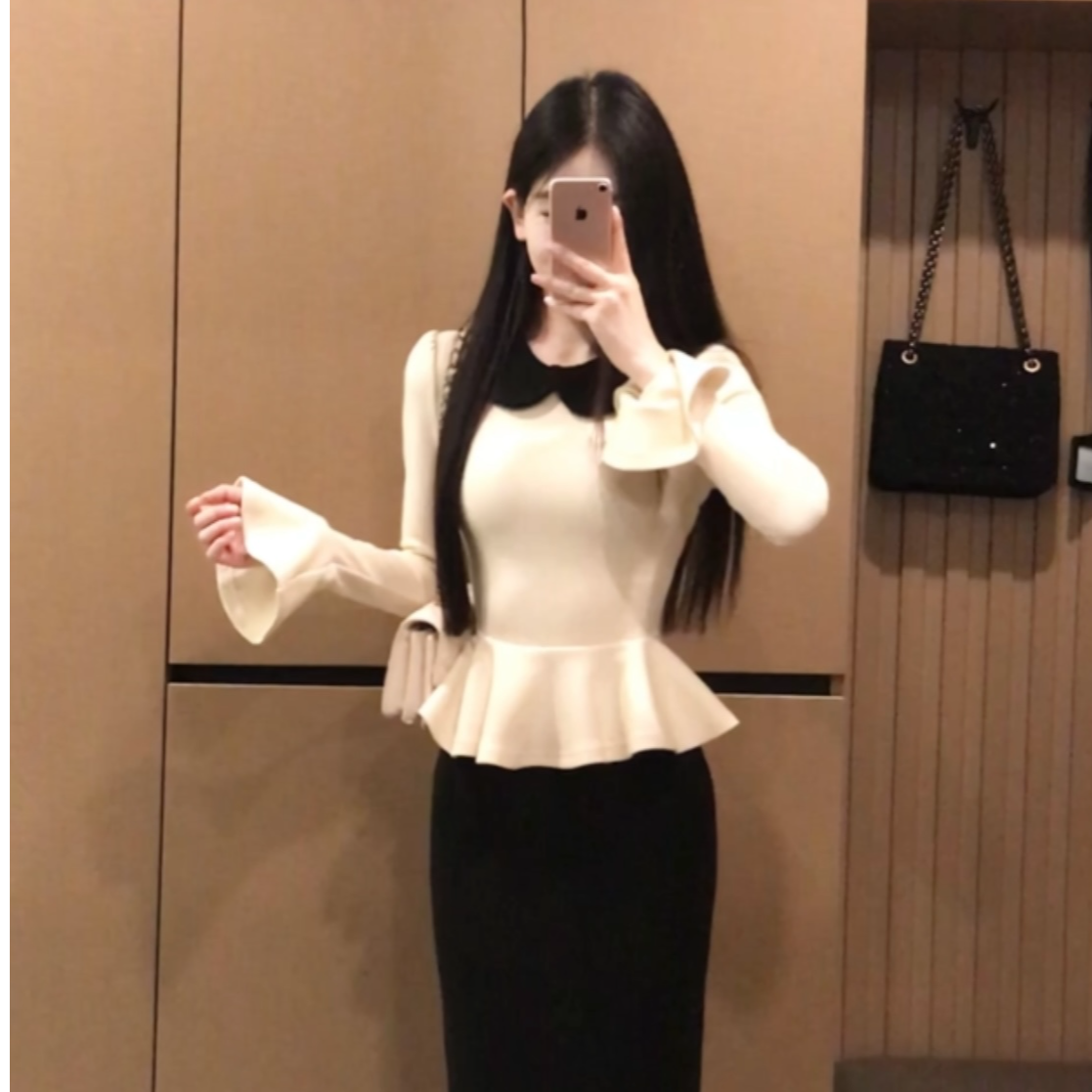 【雅致千金】法式优雅娃娃领设计黑白撞色长袖显瘦打底T恤XY-322