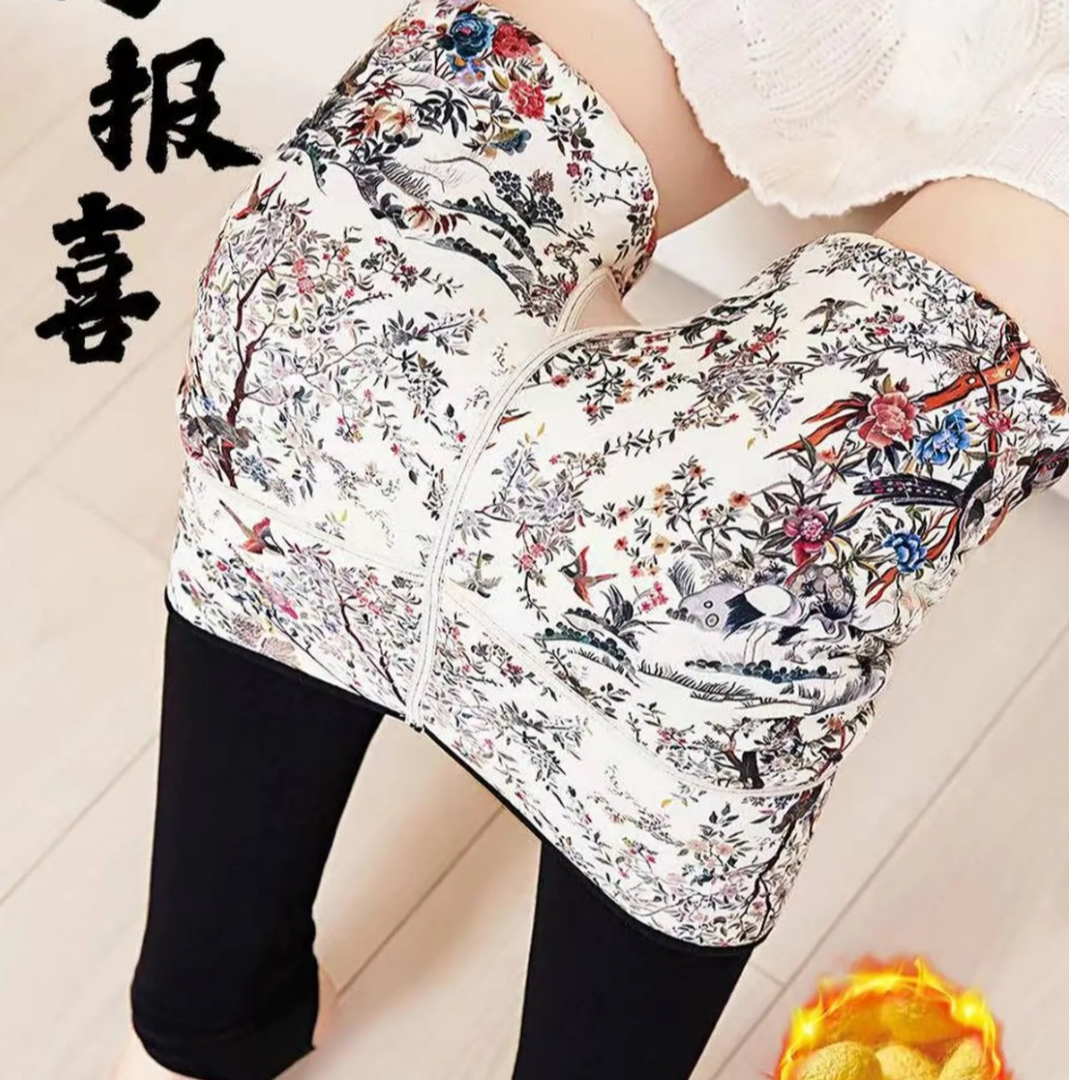喜鹊高腰冬季蚕丝打底保暖棉裤外黑里花踩脚柔软.