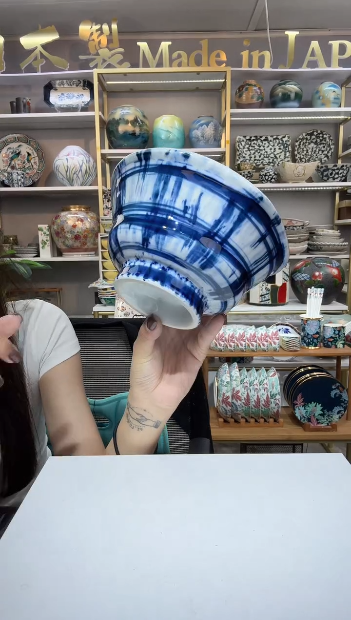 陶瓷濑户烧16厘米面碗一只蓝格