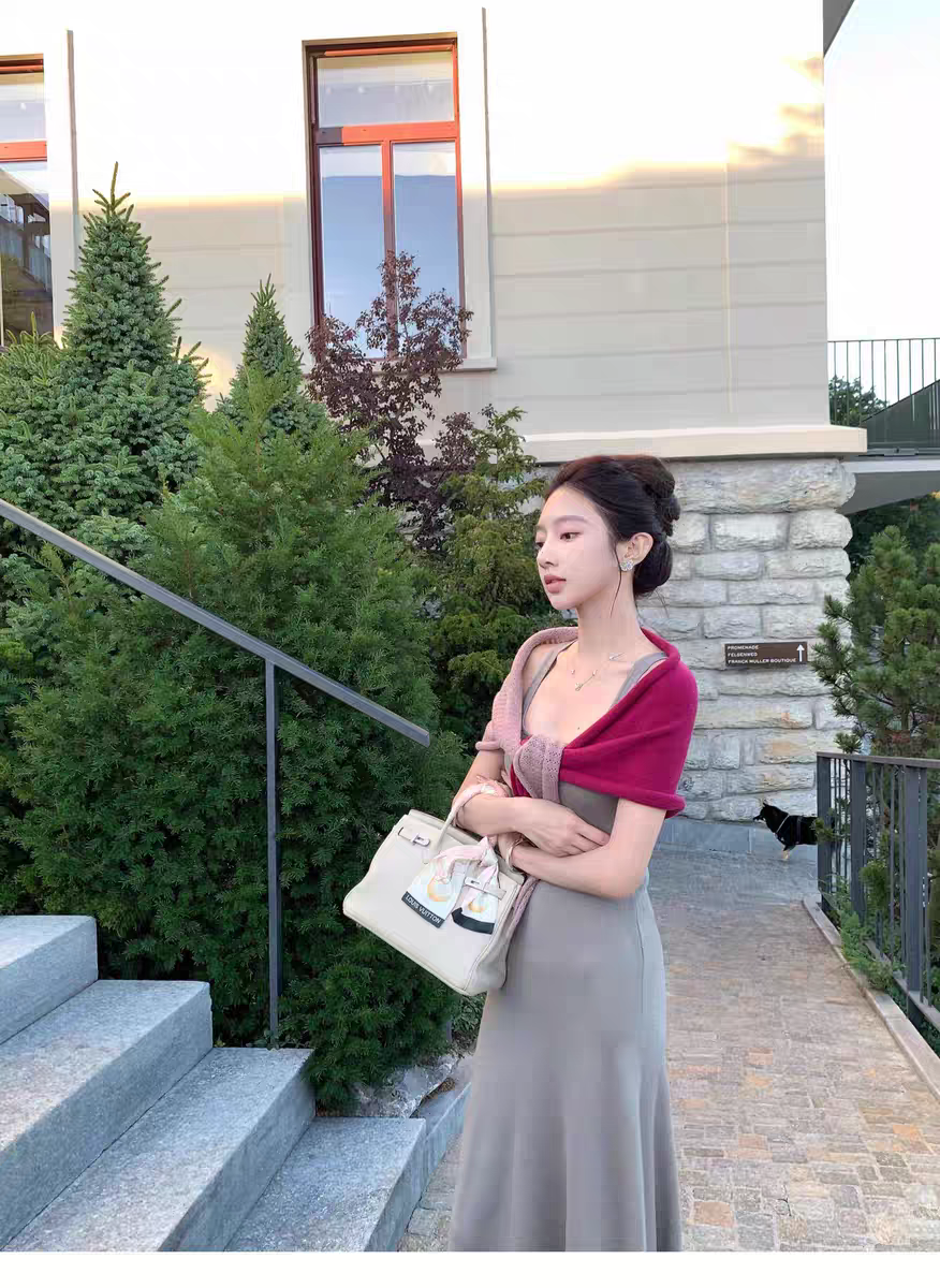 气质高智撞色休闲时尚套装秋装两件套女装U领背心连衣裙披肩 6672