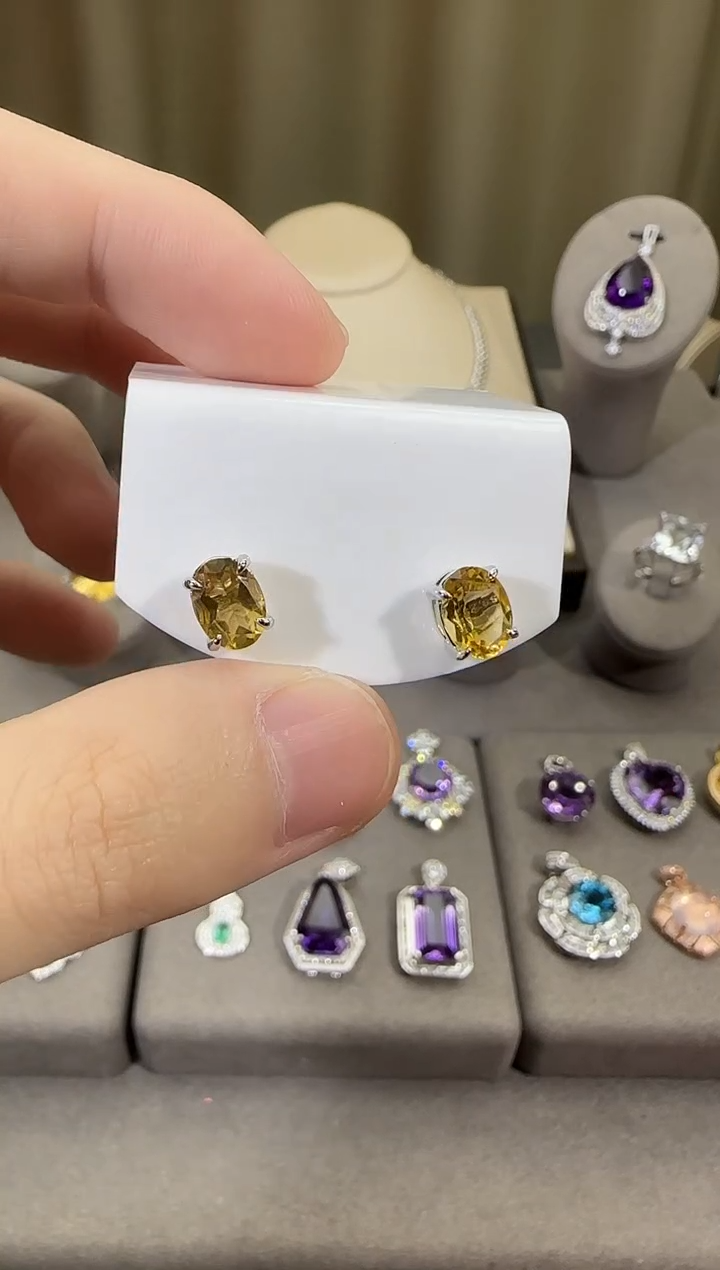 银S925镶嵌耳饰黄晶6*8mm耳钉简约款