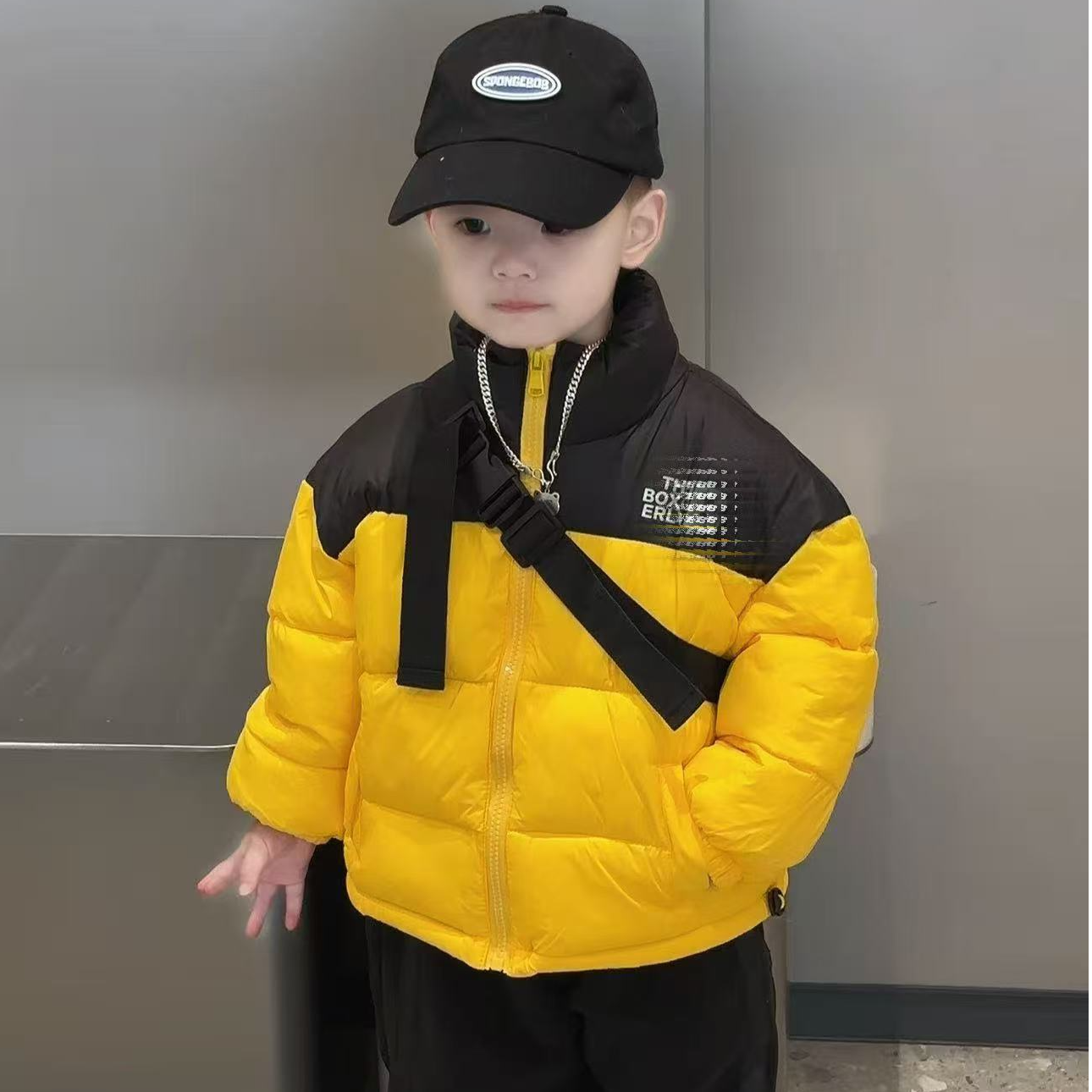 2025新款简约立领拼接色系儿童棉服12-12