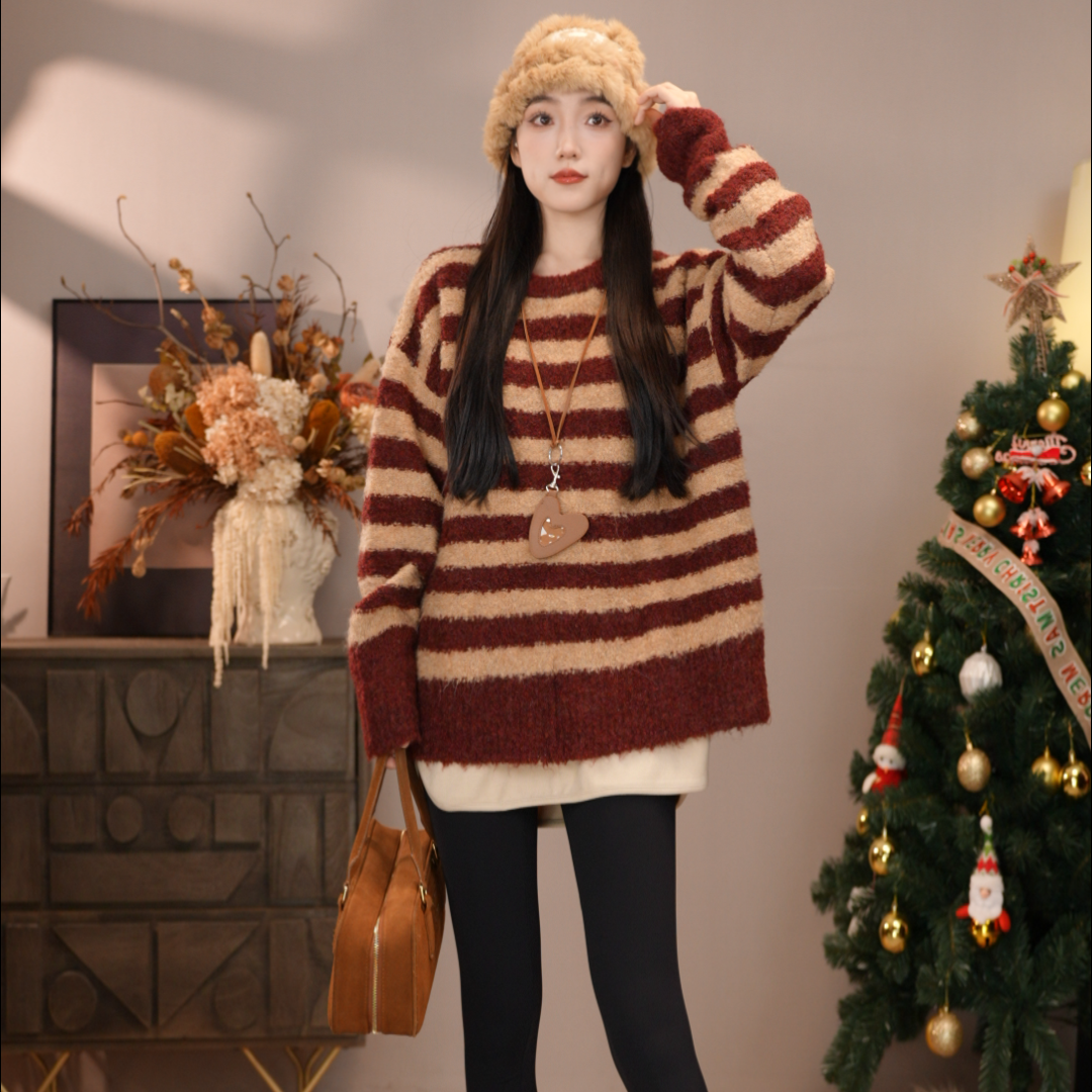 唐乐乐｜25new秋冬新款圆领条纹拼接宽松显瘦遮肉毛衣上衣 BF2384