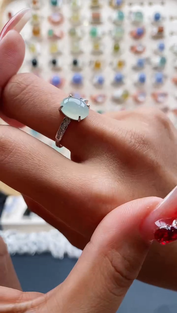 【闪购商品】翡翠戒指银S925镶嵌缅甸天然A货翡翠222 10+5