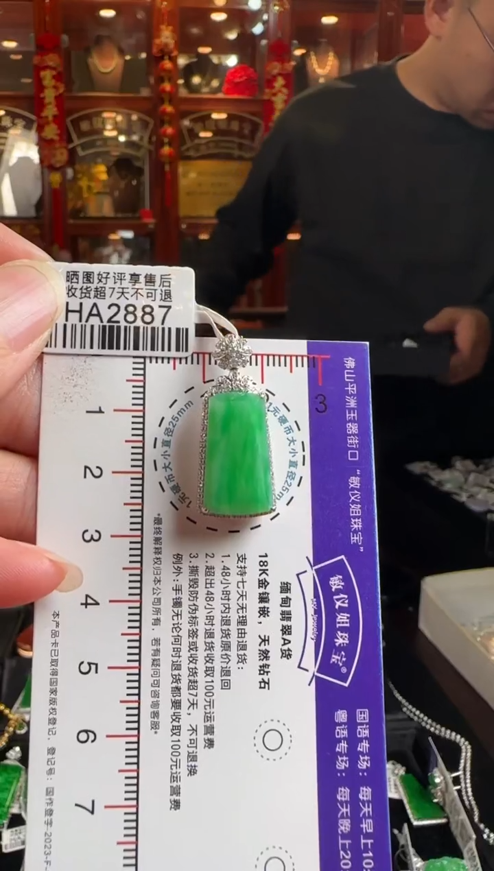 颈饰18K金镶嵌翡翠HA2887冰绿无事牌