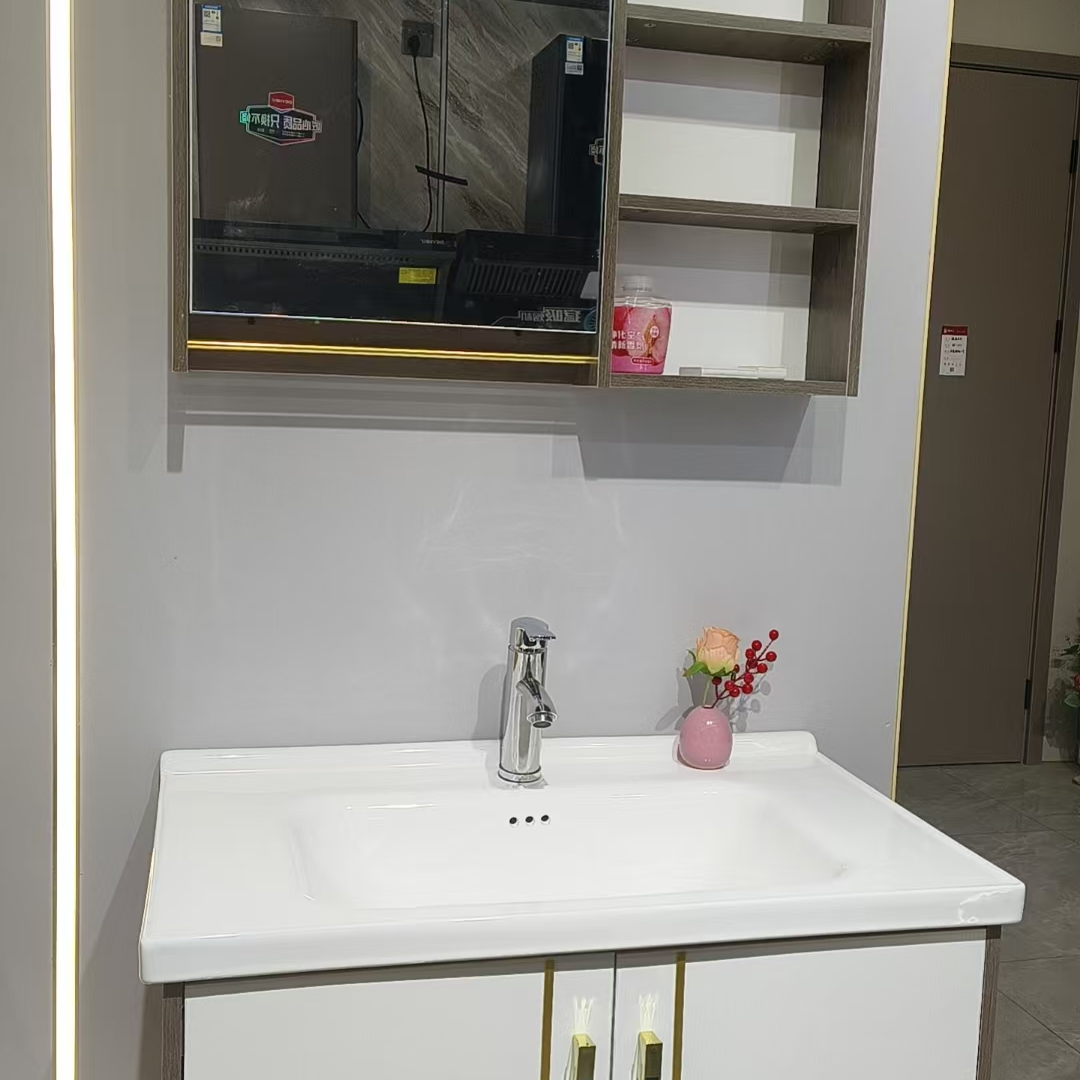 实木浴室柜陶瓷一体盆轻奢浴室柜组合(同城上门安装，辅材另算)