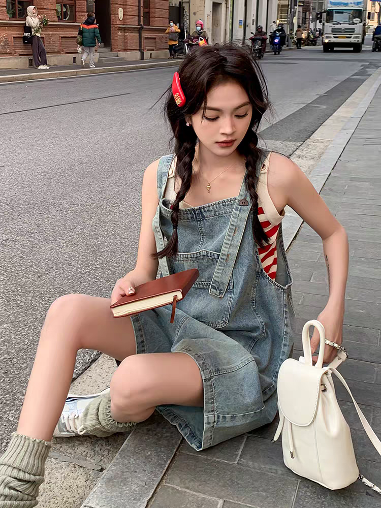 春夏款辣妹甜美背带牛仔裤(任)