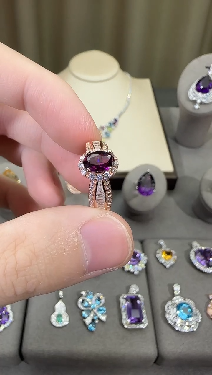 银S925镶嵌戒指石榴石（紫牙乌）5*7mm戒指排戒款