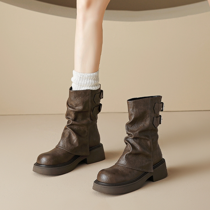 美拉德裤管靴女短靴2025新款秋季棕色百搭西部复古增高厚底马丁靴