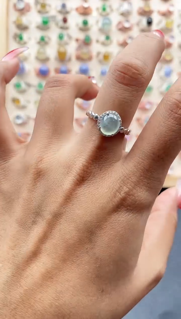 【闪购商品】翡翠戒指银S925镶嵌缅甸天然A货翡翠333 8+