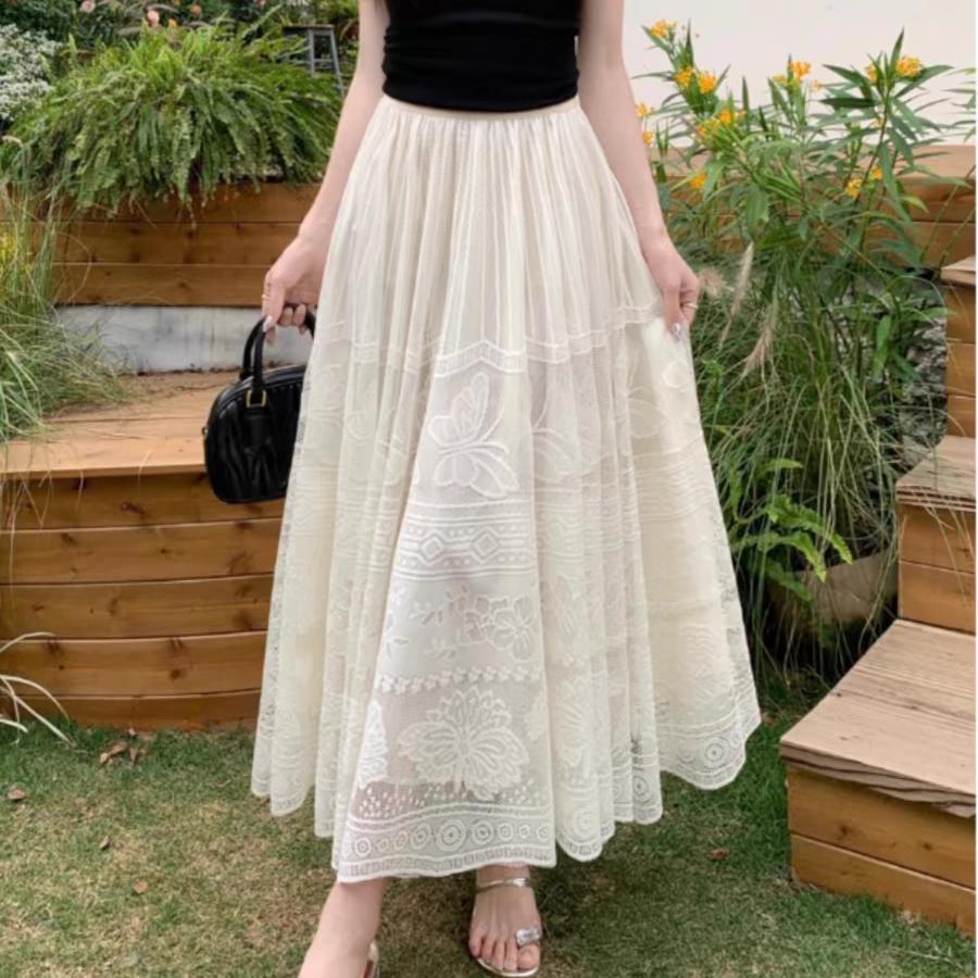 蝴蝶提花镂空蕾丝裙半身裙2025早秋新款法式温柔A字裙蓬蓬仙女裙