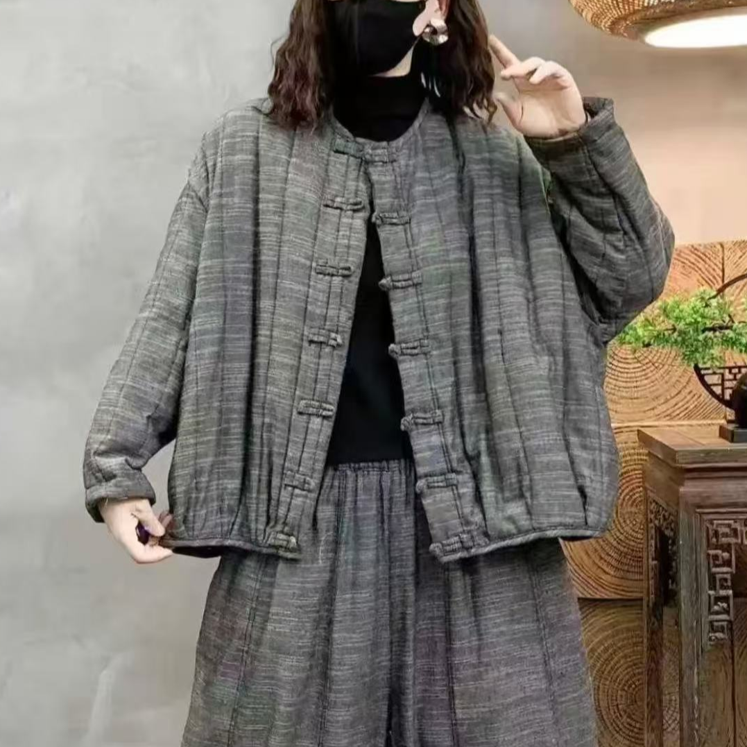 19375新款秋冬加厚棉麻棉服盘扣格子中式