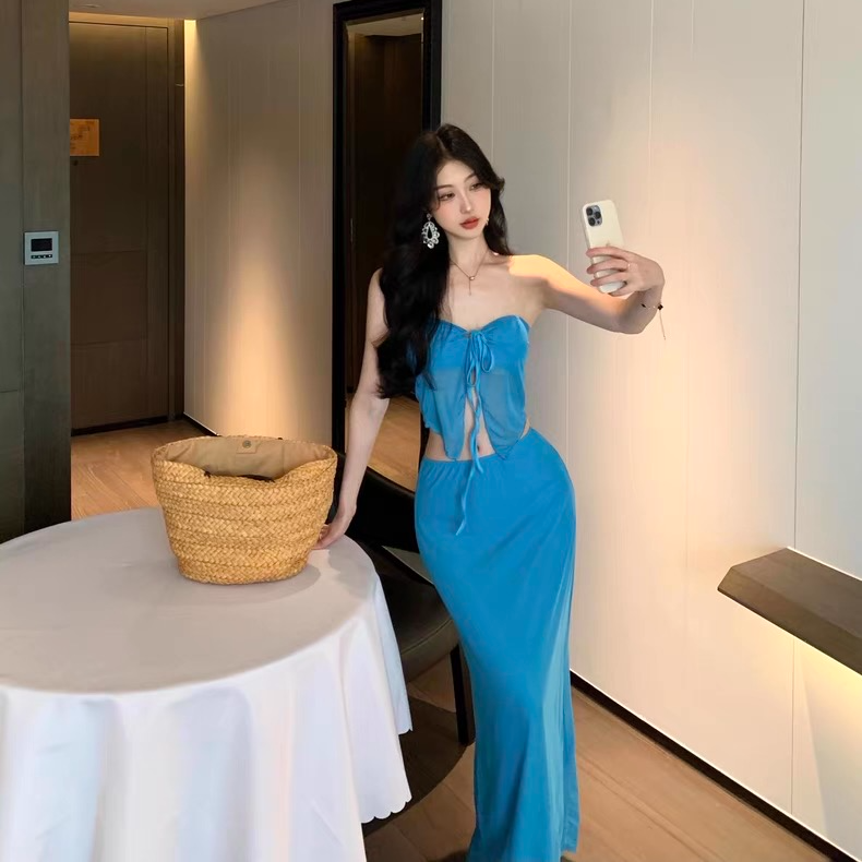 FMY/比基尼性感泳衣女蓝色长裙抹胸气质显瘦夏季挂脖法式显白修身